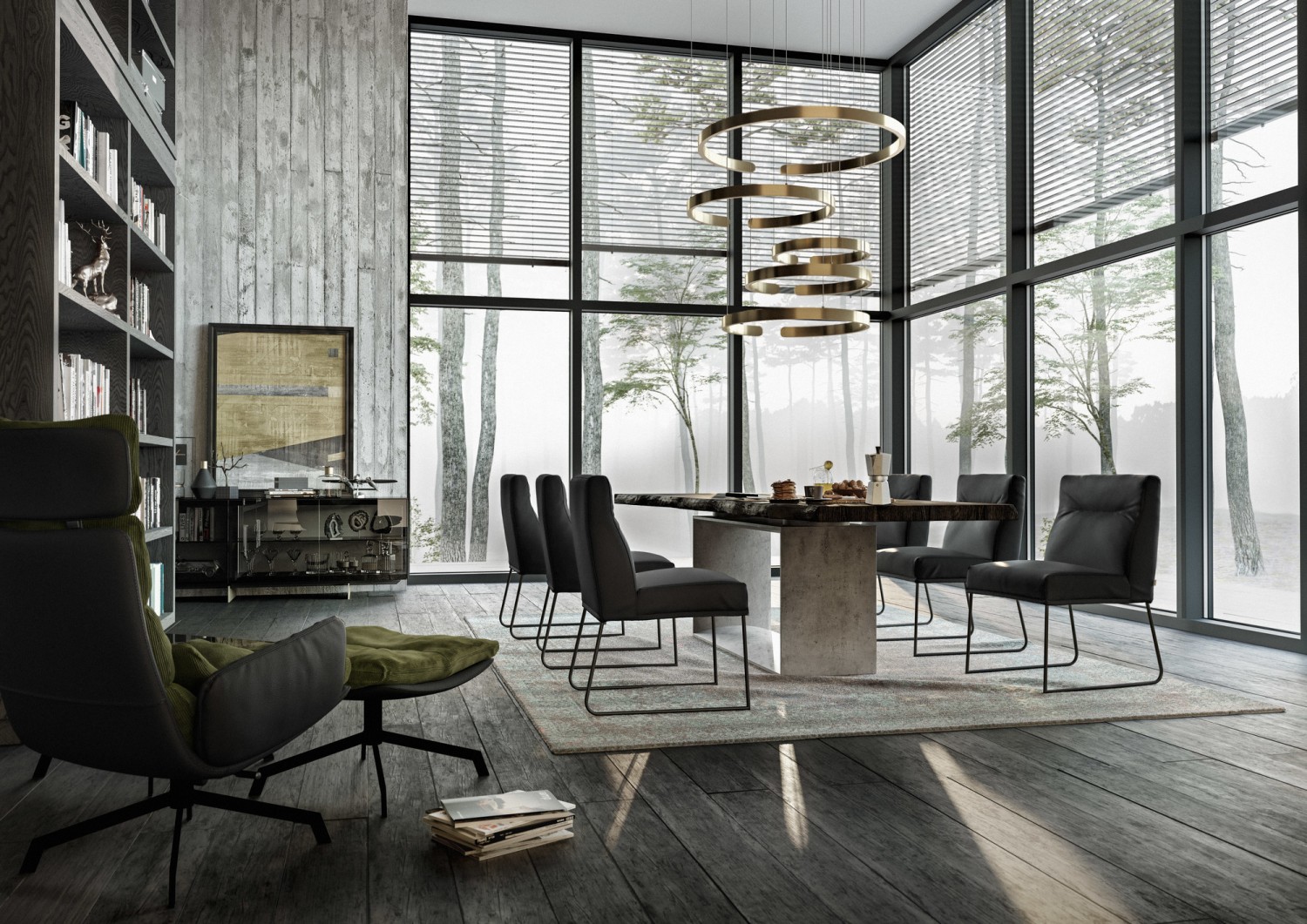 Arva lounge chair with ottoman and D-Light chairs at Frame table ASCO in modern living room