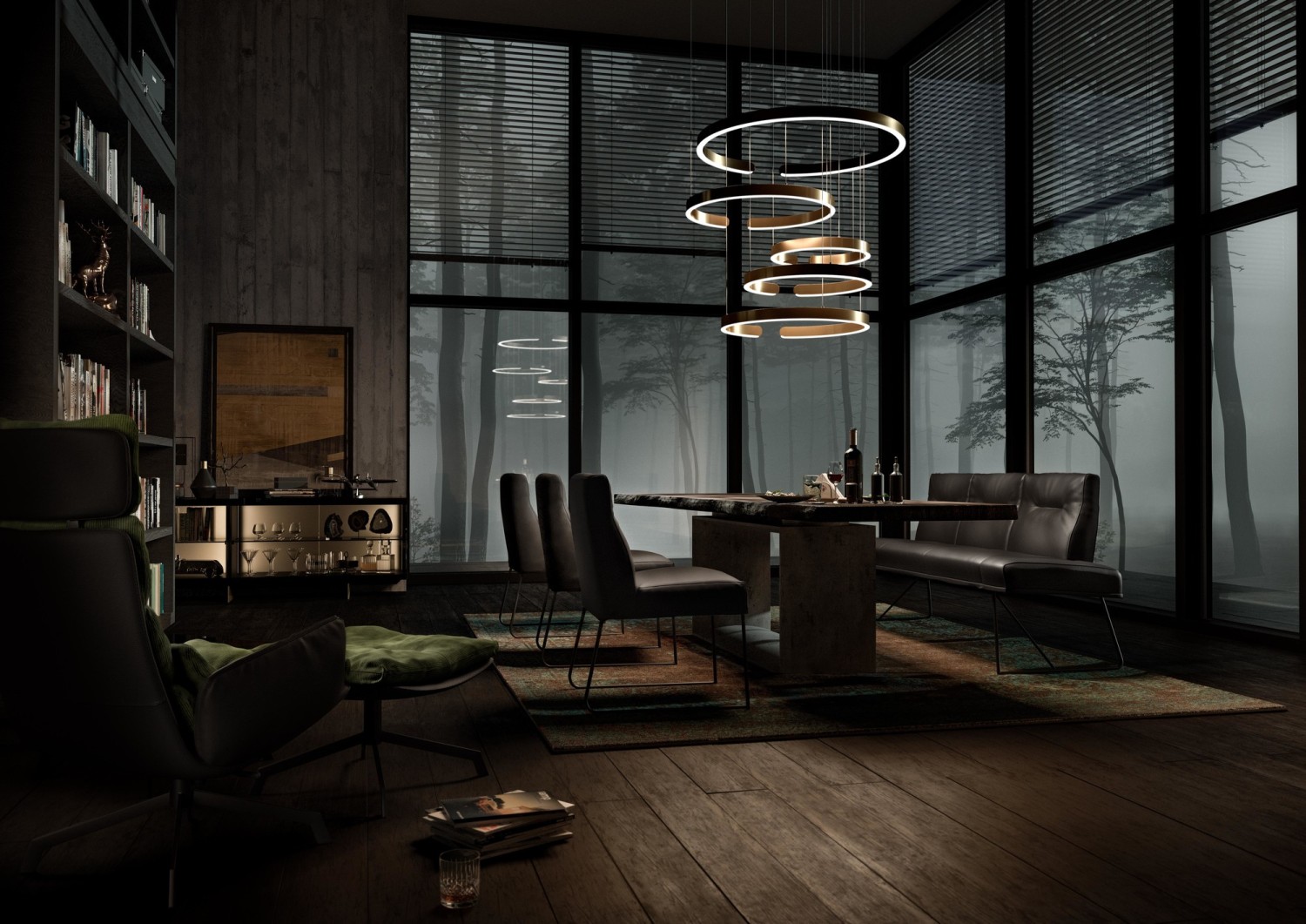 Arva Lounge Sessel mit Ottomane und D-Light Stühle and bench an Frame Tisch ASCO in modernem Wohnraum