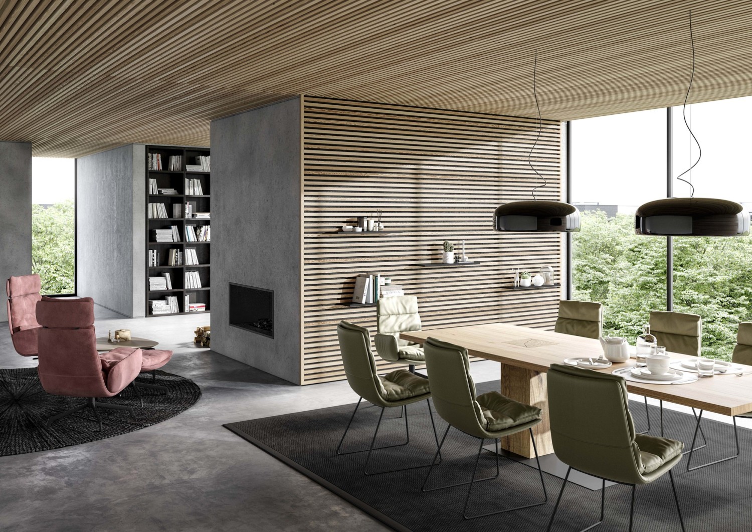 Olivgrüne ARVA Lederstühle KFF am Mono Esstisch ASCO