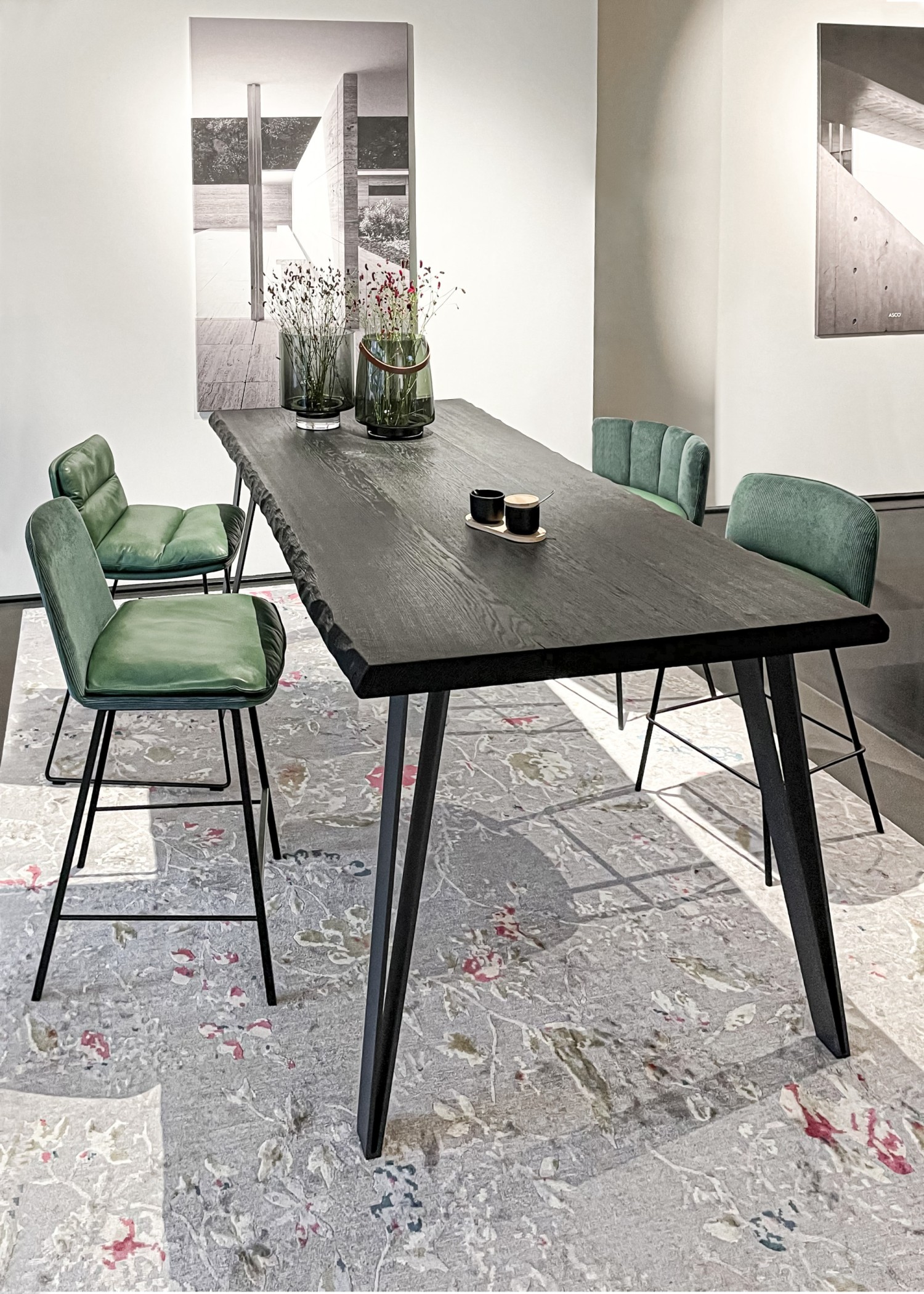 Green KFF bar stools at Nightingale ASCO bar table in black barn oak