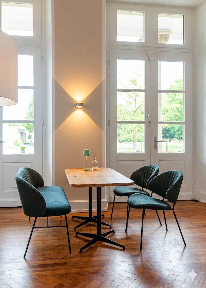Cross ASCO bistro table with KFF Alvaro bench and chairs in velvet
